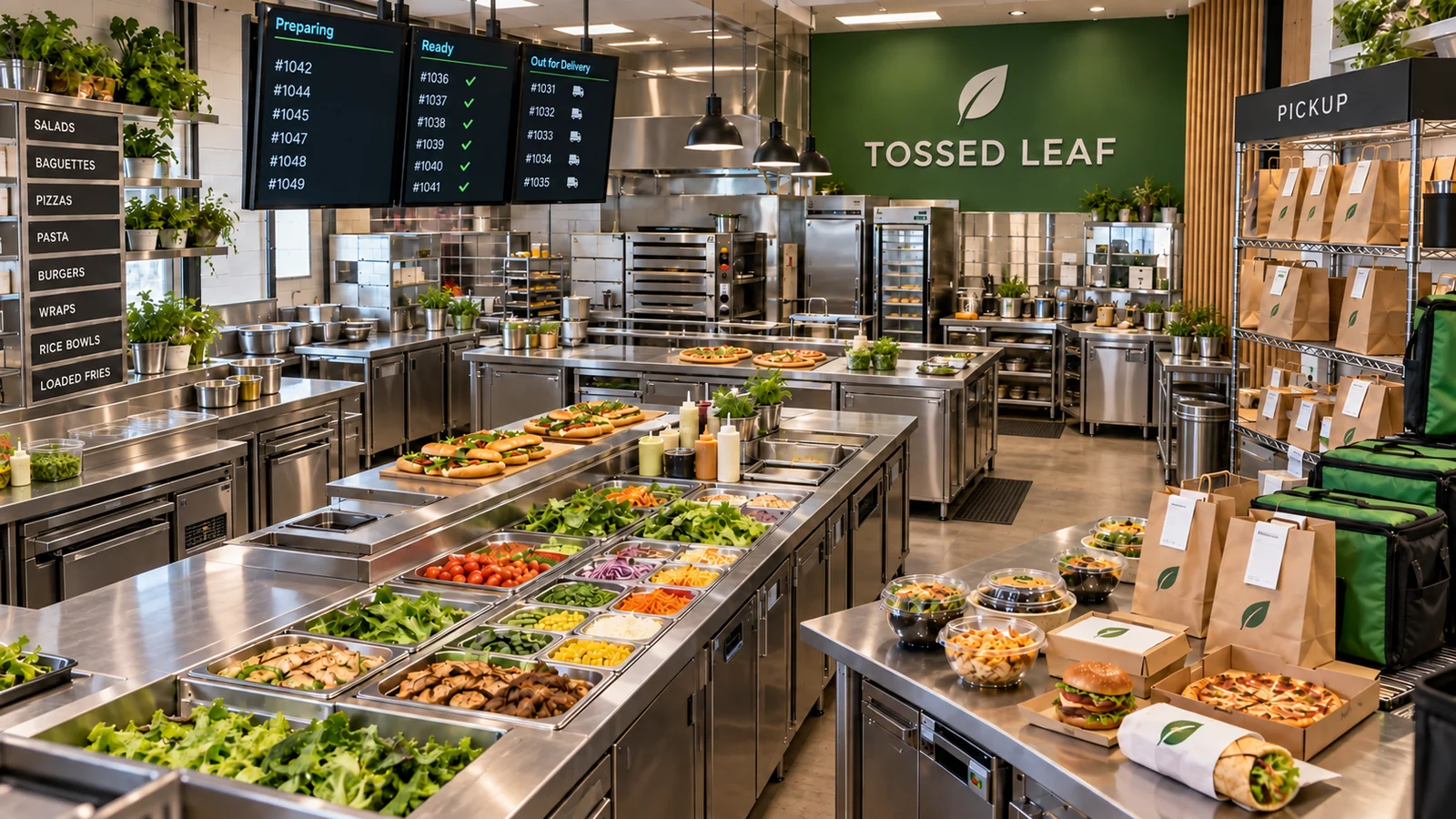 Tossed Leaf delivery-first cloud kitchen with fresh preparation stations and packaged orders